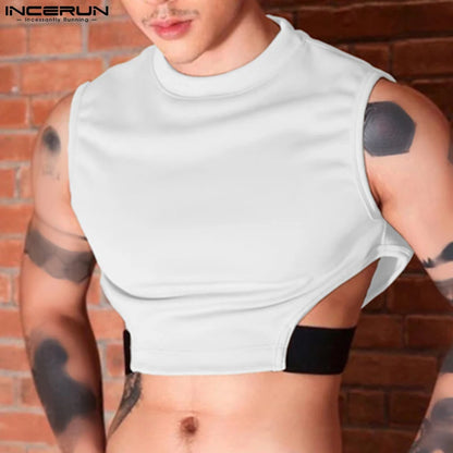 INCERUN 2023 Men Tank Tops Patchwork O-neck Sleeveless Streetwear Sexy Hollow Out Vests Men Fitness Fashion Crop Tops S-5XL