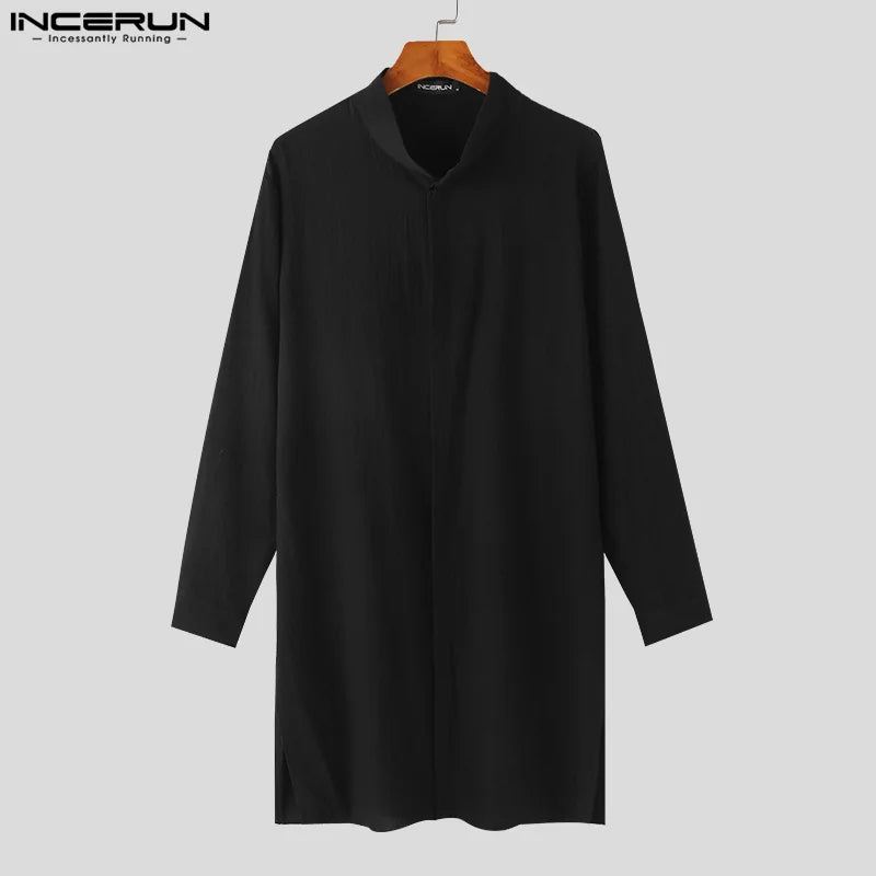 INCERUN 2023 Style musulman nouveaux hommes chemises solides décontracté streetwear vente chaude mâle patchwork col debout chemisier à manches longues S-5XL