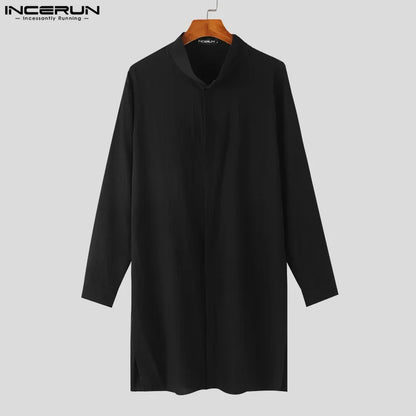 INCERUN 2023 Muslim Style New Men Solid Shirts Casual Streetwear Hot Sale Male Patchwork Standing Neck Long Sleeved Blouse S-5XL