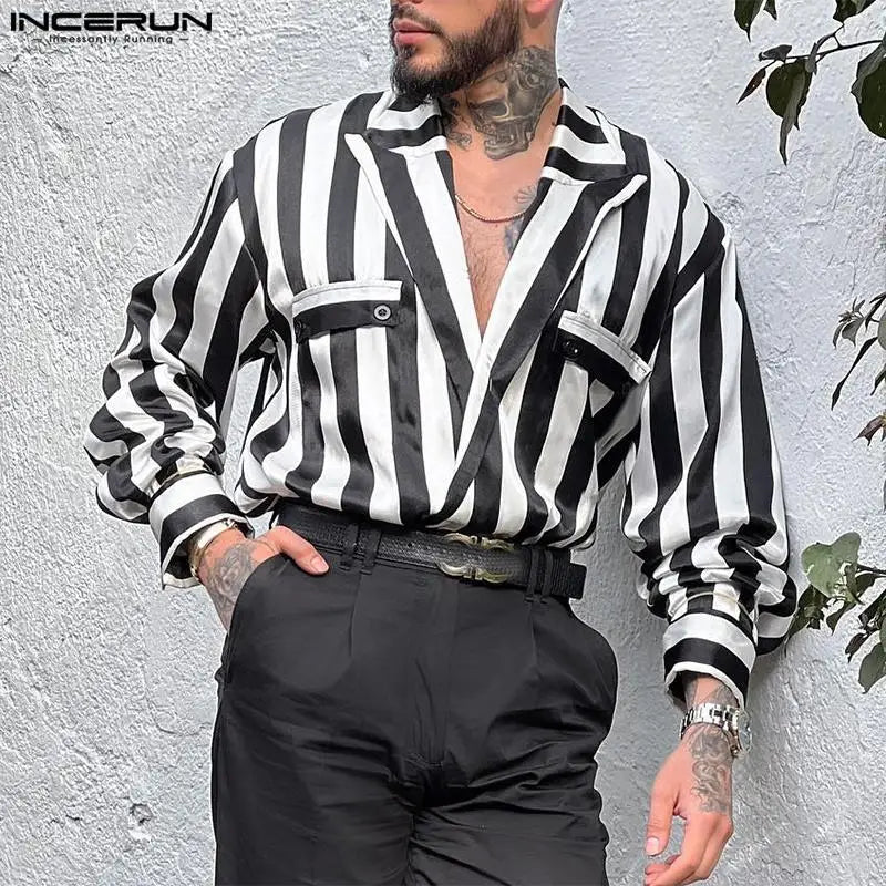 INCERUN Tops 2024 Amerikanischen Stil Neue Männer Persönlichkeit Schwarz &amp; Weiß Gestreiften Tasche Shirts Casual Heißer Verkauf Langarm Bluse S-5XL