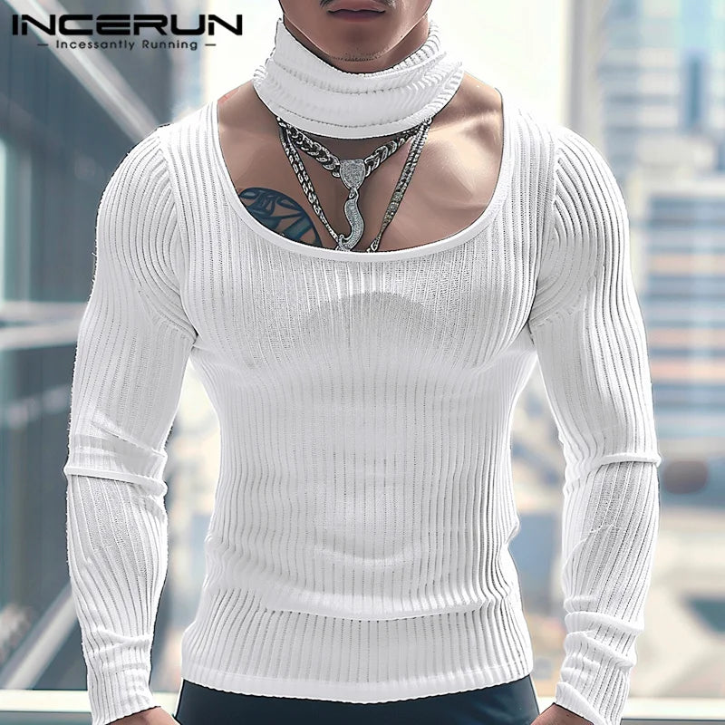 1INCERUN Tops 2024 American Style Sexy Men Fashion U-shaped Collar Solid Striped T-shirts Casual Male Long Sleeved Camiseta S-5X