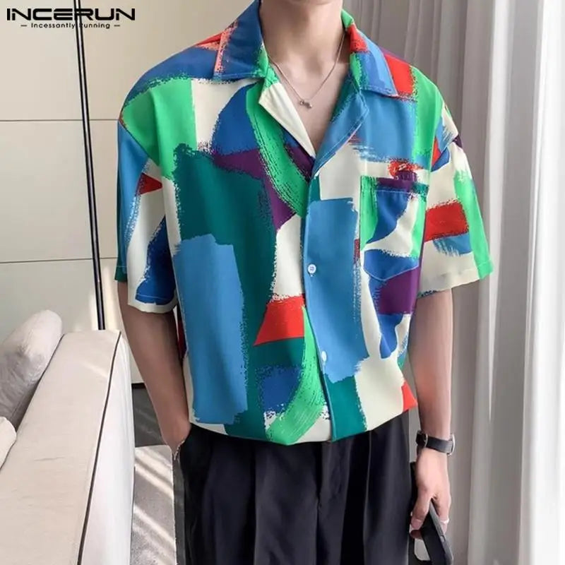 Handsome Well Fitting Tops INCERUN New Men Colorful Square Contrast Printed Shirts Fashion Funny Short Sleeved Blouse S-5XL 2024