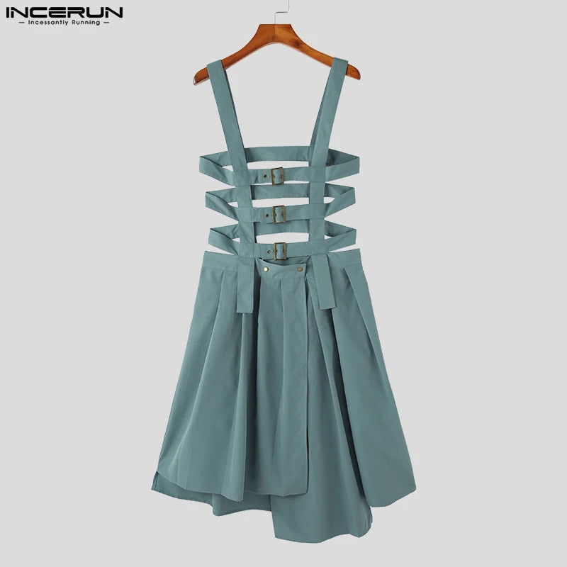 INCERUN 2023 American Style Mens Pleated Design Skirts Pants Casual Street Irregular Hem Solid Straps Half Skirt Jumpsuits S-5XL