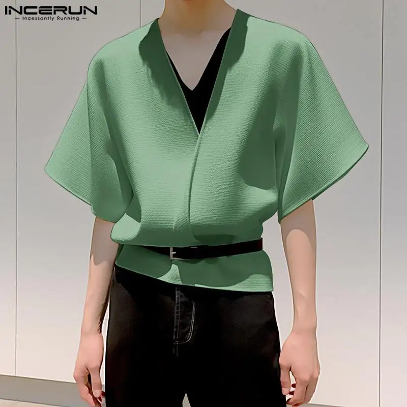 INCERUN Tops 2024 Korean Style Men's Textured Large V-neck Design T-shirts Casual Streetwear Solid Short Sleeved Camiseta S-5XL