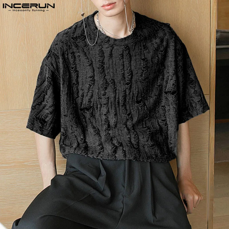 INCERUN Tops 2024 Korean Style New Men's Loose Hollow Thin Design T-shirts Casual Simple All-match Short Sleeved Camiseta S-5XL