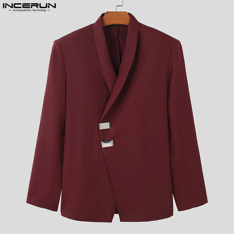 INCERUN Tops 2024 Sexy Men Slanted Neck Metal Buckle Shoulder Pad Blazer Casual Well Fitting Solid Long Sleeved Suit Coats S-5XL