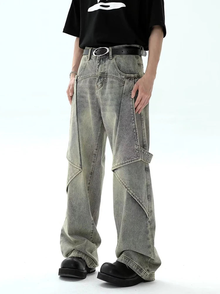 HOUZHOU Wide Leg Jeans Pants for Men Streetwear Baggy Distressed Denim Trousers Male Oversize Casual Ruched Korean Hip Hop