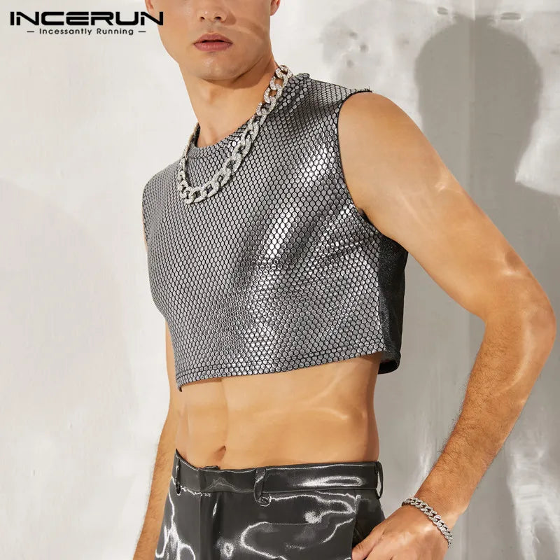 Mode Lässig Herren Weste Ärmellos Silber Bequeme Tank Tops Stilvolle Männliche Party Nachtclub Stil Crop INCERUN Tops 2024