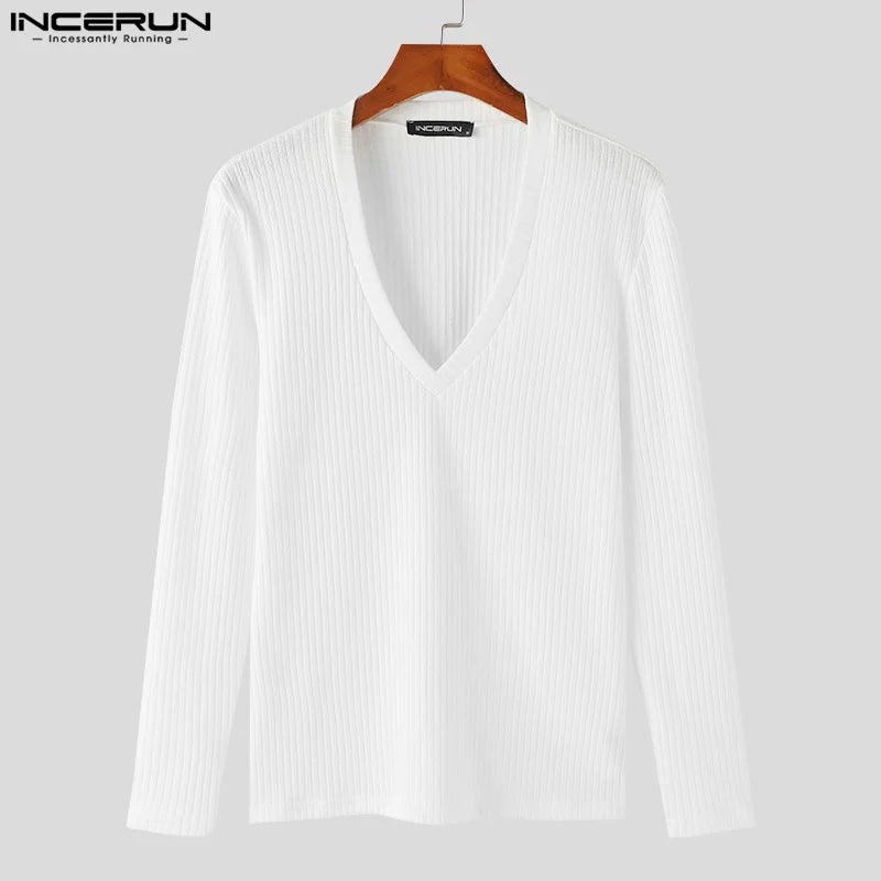 INCERUN Tops 2024 Korean Style New Men Solid V-neck Knitted T-shirts Summer Casual Streetwear Simple Long Sleeved Camiseta S-5XL