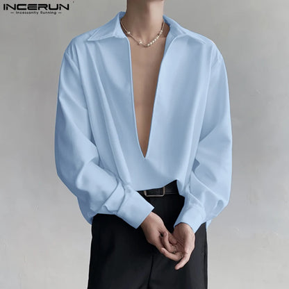 INCERUN Tops 2024 Korean Style Men Personality Large V-neck Shoulder Pad Design Shirts Solid All-match Long Sleeved Blouse S-5XL