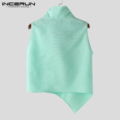 INCERUN Tops 2024 Handsome Men's Swing Collar Texture Irregular Hem Vests Casual Streetwear All-match Sleeveless Tank Tops S-5XL