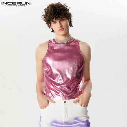 INCERUN Tops 2024 American Style Men's Sparkling Fabric Knitted Desian Vests Casual Stylish Hot Sale Sleeveless Tank Tops S-5XL