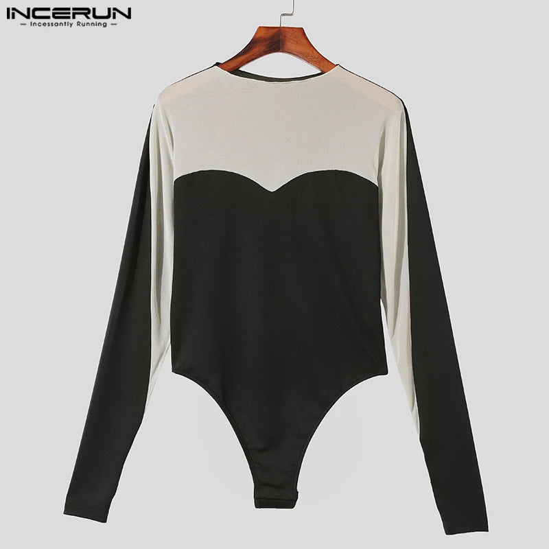 Men Bodysuits Mesh Patchwork O-neck Long Sleeve Male Bodysuit Streetwear Fitness 2024 Transparent Fashion Rompers INCERUN S-5XL