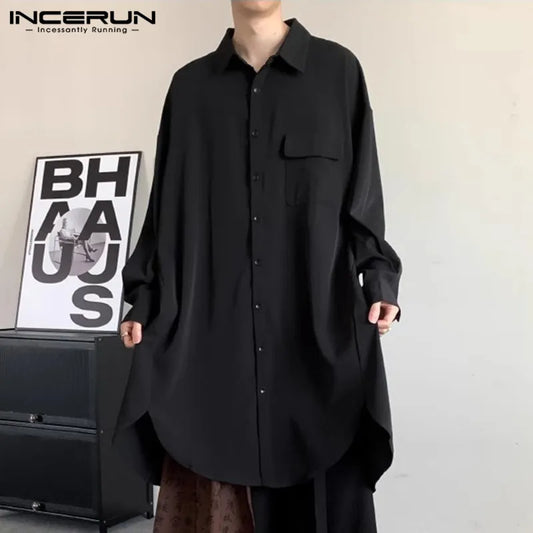 INCERUN Tops 2024 Korean Style Handsome New Mens Irregular Hem Mid Length Shirts Casual Streetwear Male Solid Loose Blouse S-5XL