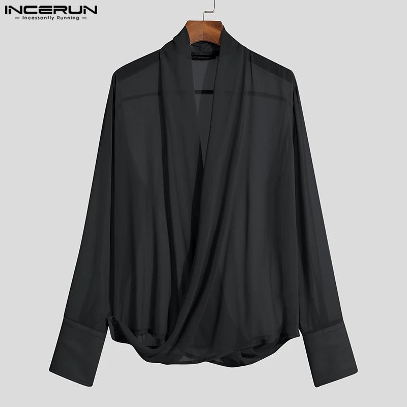 INCERUN Tops 2023 Style américain Nouvelle mode pour hommes Rayures lumineuses Pile Blouse Casual Couleur unie Cross Manches longues Chemises S-5XL