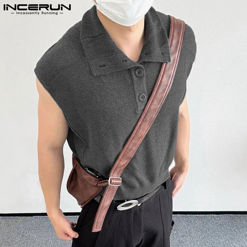 Summer Fashion Style Tops INCERUN 2024 New Mens Texture Lapel Vests Casual Streetwear Male Solid All-match Lapel Tank Tops S-5XL