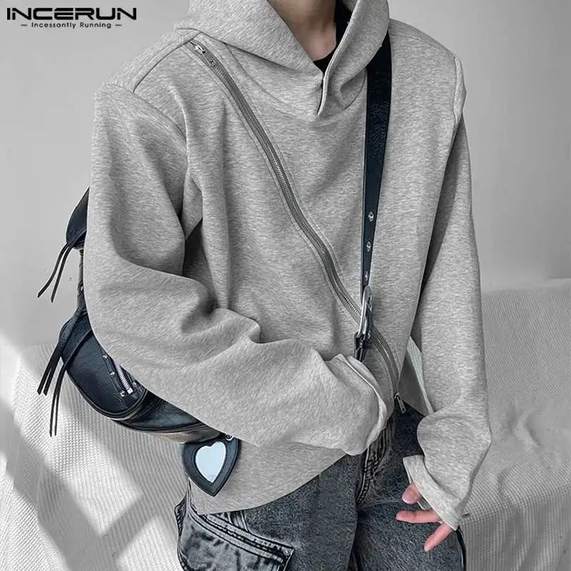 INCERUN Tops 2023 Style coréen Hommes Irrégulier Diagonale Fermeture Éclair Conception Sweat À Capuche Loisirs Mâle Solide À Capuche À Manches Longues Pull S-5XL