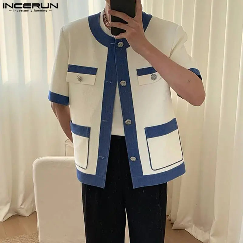 INCERUN Tops 2023 Korean Style Men's Contrasting Color Patchwork Pocket Shirts Casual O-neck Palace Short Sleeved Button Blouse