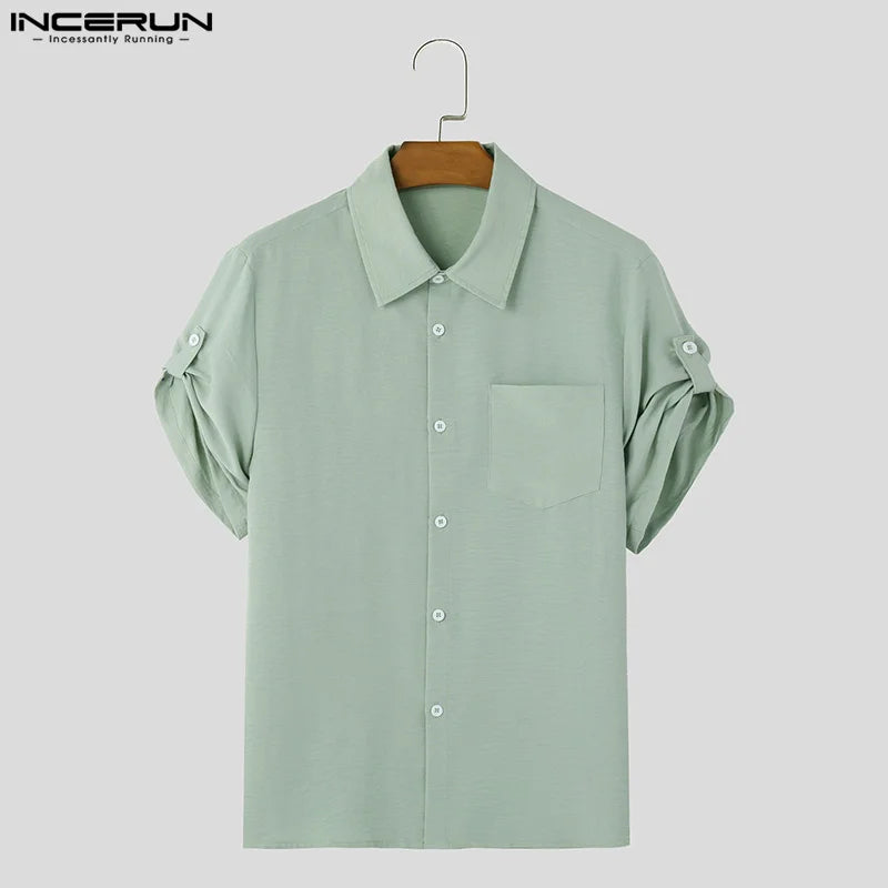 Stylish Well Fitting Tops INCERUN New Men Summer Clothing Casual Solid Shirt Fashion Streetwear Short Sleeved Lapel Blouse S-5XL