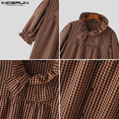 INCERUN Tops 2024 American Style Fashion Men's Doll Collar Plaid Shirt Casual Clubwear Male Hot Sale Medium Sleeved Blouse S-5XL