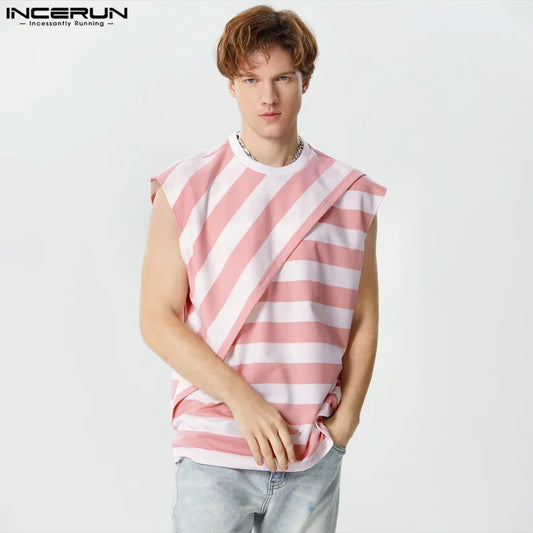 INCERUN Tops 2023 Korean Style Handsome Men's Hot Selling Striped Layered Design Vests Casual Street Male O-neck Tank Tops S-5XL