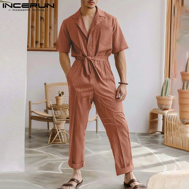 INCERUN 2024 American Style Stylish Men Suit Collar Design Rompers Summer Leisure Solid Striped Tie Short Sleeved Jumpsuit S-5XL