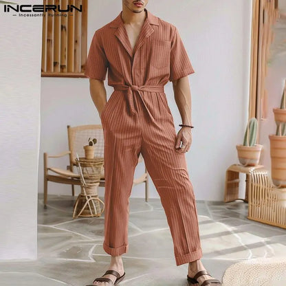 INCERUN 2024 American Style Stylish Men Suit Collar Design Rompers Summer Leisure Solid Striped Tie Short Sleeved Jumpsuit S-5XL