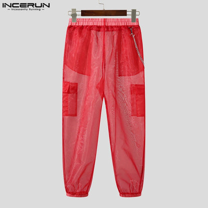 INCERUN 2023 American Style Trousers New Men's Party Shows Hot Sale Long Pants Sexy Solid See-through Mesh Thin Pantalons S-5XL