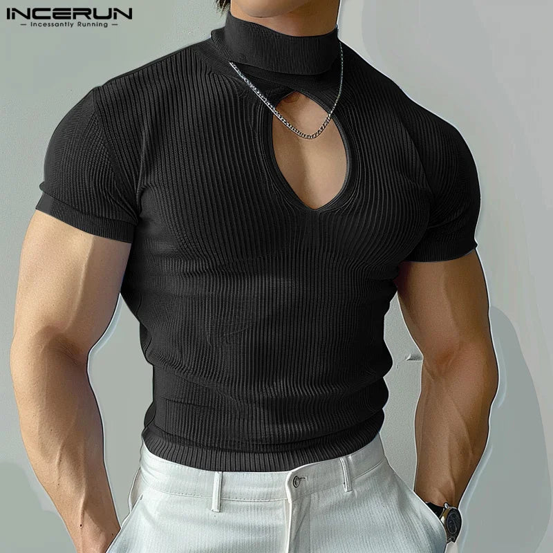 INCERUN Men T Shirt Turtleneck Short Sleeve Hollow Out Solid Color Skinny Men Clothing Streetwear Knitted Summer 2024 Tee Tops