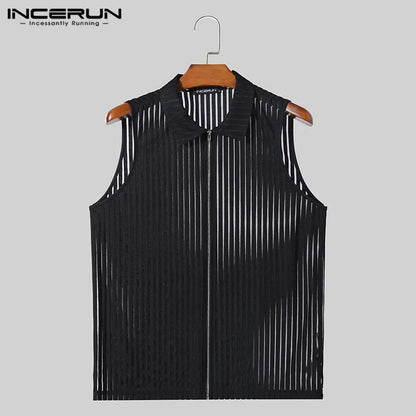 2024 männer Tank Tops Striped Mesh Revers Sleeveless Zipper Männlichen Westen Transparent Streetwear Sommer Mode Männer Kleidung INCERUN