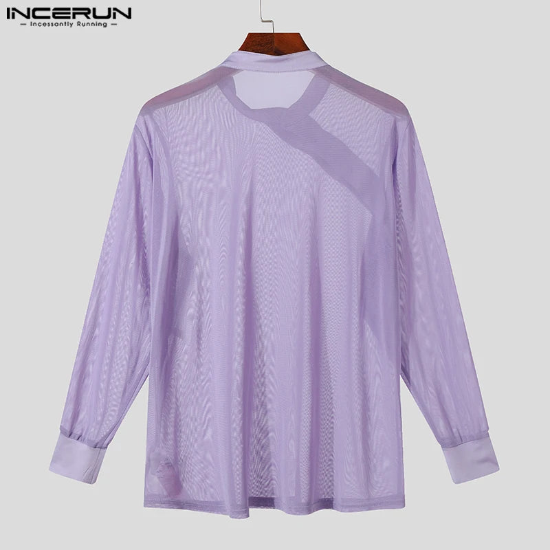 INCERUN Men Shirt Mesh Transparent Solid Color Stand Collar Long Sleeve Men Clothing Sexy 2024 Fashion Party Unisex Shirts S-3XL