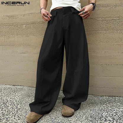 INCERUN 2024 Korean Style Trousers Men's Pleated Deconstructed Draping Pants Male Solid All-match Loose Wide Leg Pantalons S-5XL