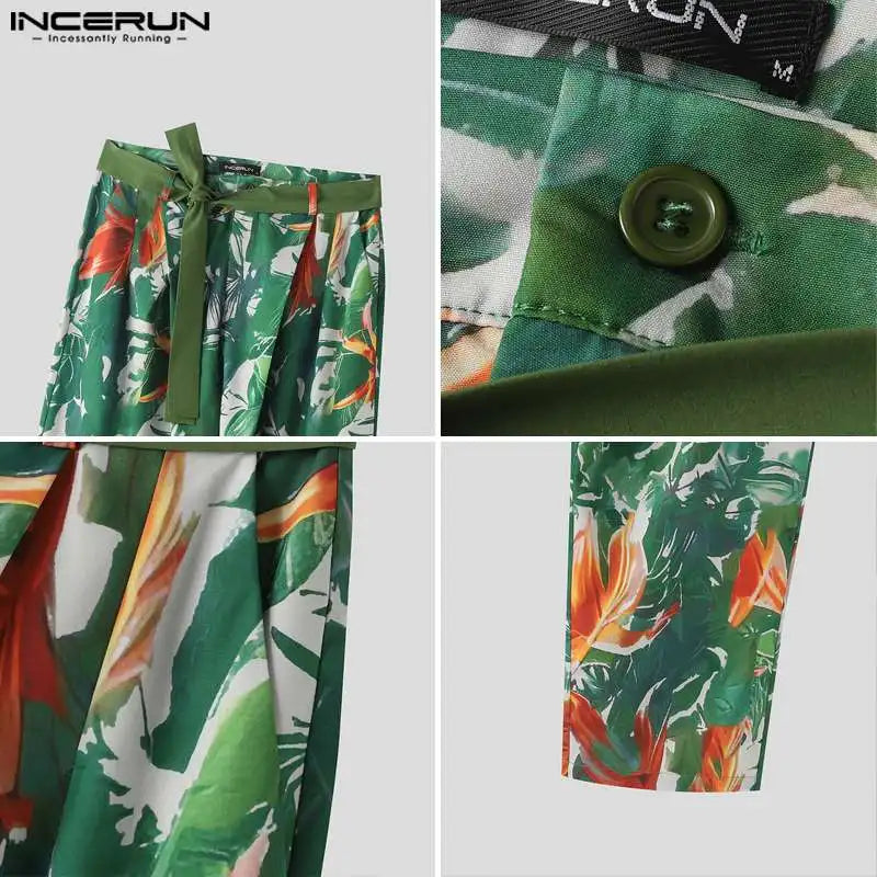 INCERUN 2024 Korean Style Trousers Men's Personality Flower Leaf Printing Long Pants Casual Streetwear All-match Pantalons S-5XL