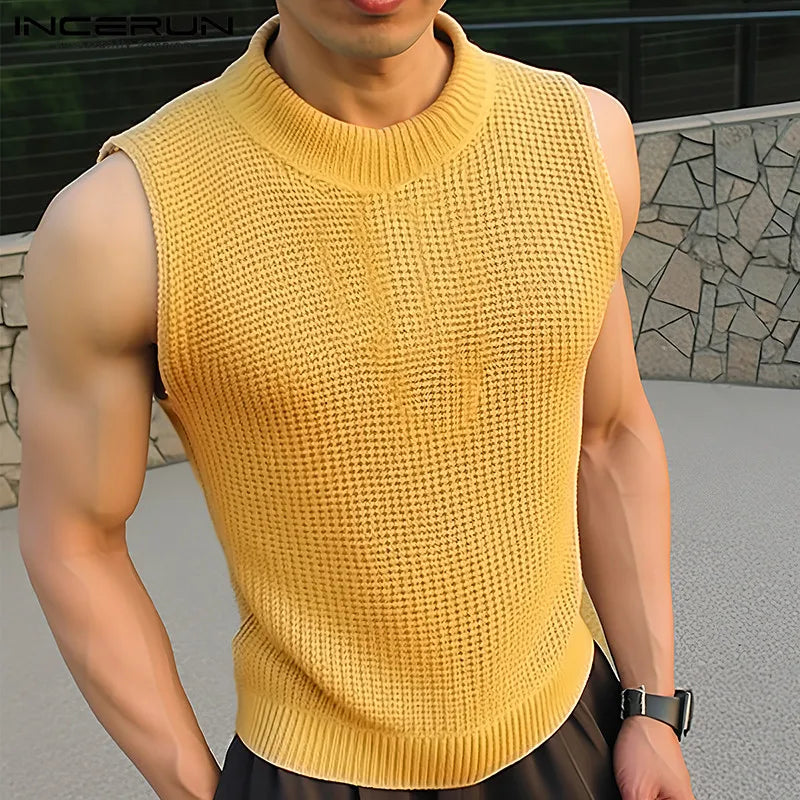 INCERUN Tops 2024 Korean Style New Men Knitted Fabric Solid Vests Leisure Streetwear Hot Selling Male Sleeveless Tank Tops S-5XL