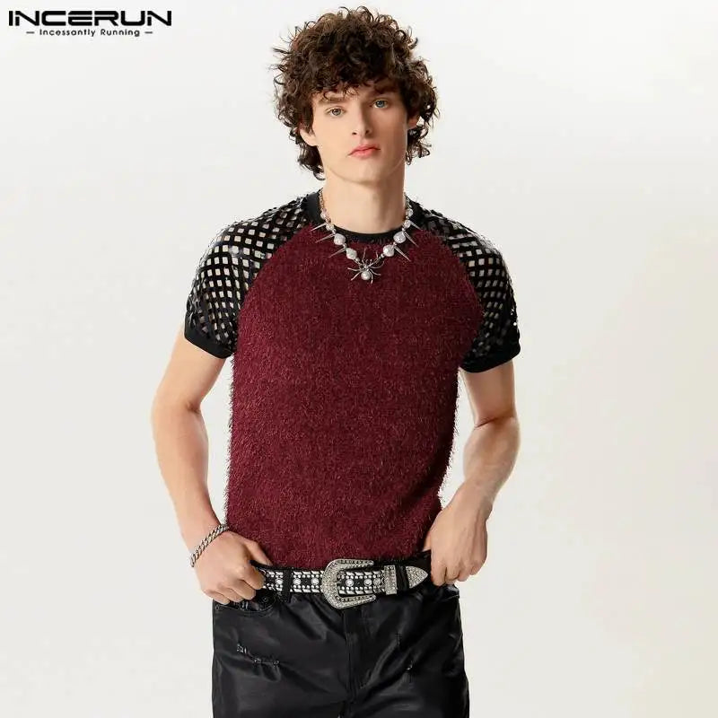 INCERUN Tops 2024 American Style New Mens Hollow Patchwork Suede Design T-shirts Casual Personality Short Sleeved Camiseta S-5XL