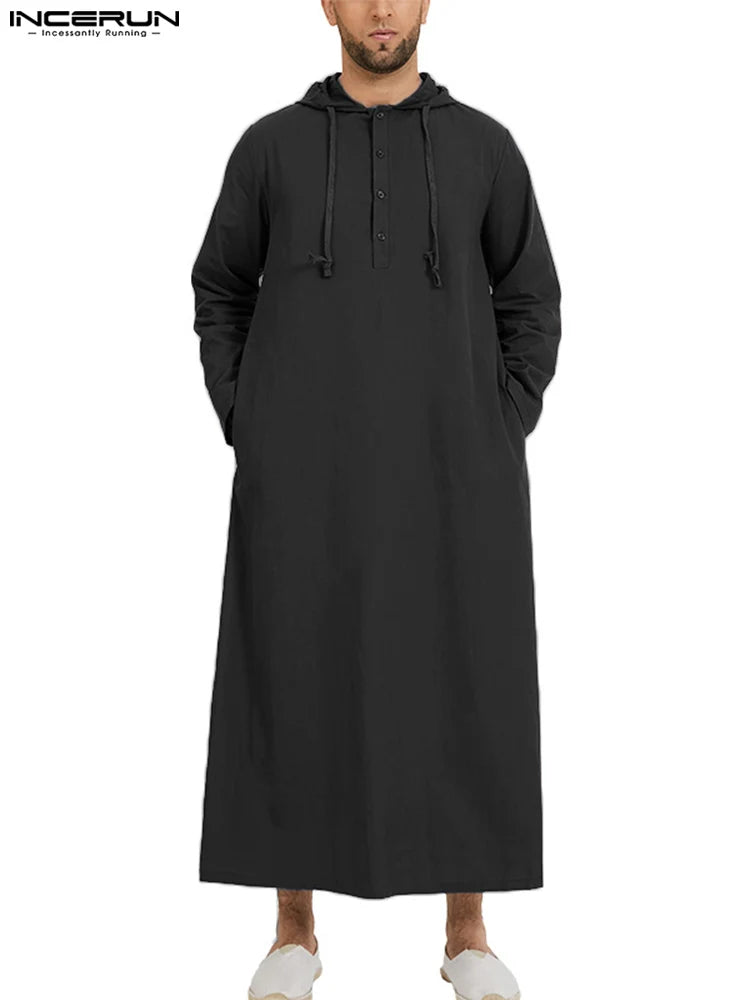 INCERUN islamique Jubba Thobe à manches longues Robe chemises à capuche saoudien arabe caftan Long Jubba Thobe Hombre hommes musulmans Abaya vêtements