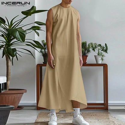 INCERUN 2024 Summer Muslim Robe New Men Jubba Thobe Simple Irregular Hem Long Sleeveless Stylish Isiamic Arabic Solid Robe S-5XL