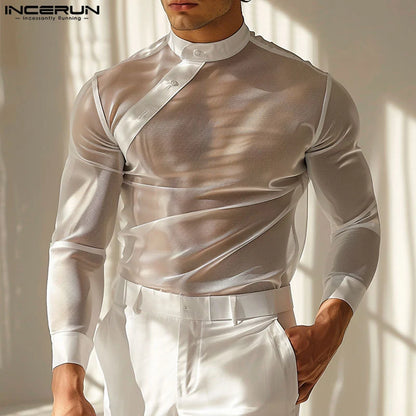 INCERUN Men Shirt Mesh Transparent Solid Color Stand Collar Long Sleeve Men Clothing Sexy 2024 Fashion Party Unisex Shirts S-3XL