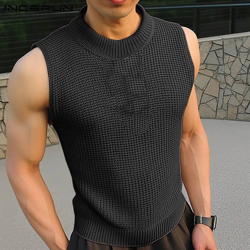 INCERUN Tops 2024 Korean Style New Men Knitted Fabric Solid Vests Leisure Streetwear Hot Selling Male Sleeveless Tank Tops S-5XL