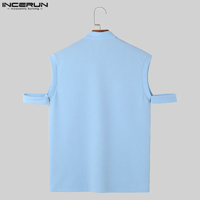 Stylish Casual Style Tops INCERUN 2024 New Mens Stand Collar Cuffs Design T-shirts Streetwear Solid Short Sleeved Camiseta S-5XL