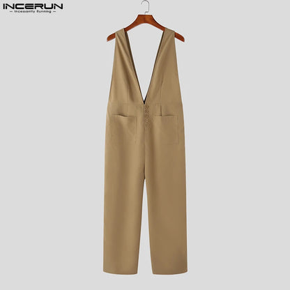 INCERUN 2023 American Style New Men's Casual Solid Design Strap Pants Fashion Streetwear Hot Selling Sexy Comfortable Jumpsuits