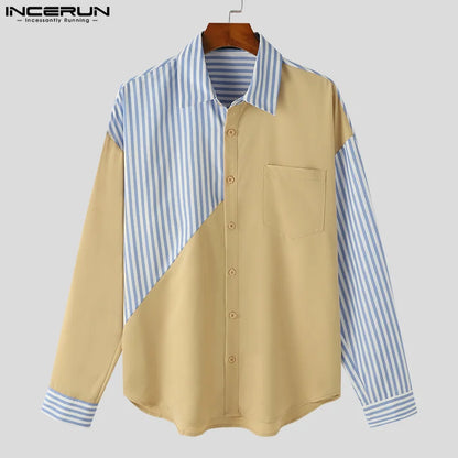 INCERUN Tops 2024 Koreanischen Stil Männer Gestreiften Patchwork Kontrast Shirts Casual Streetwear Persönlichkeit Langarm Bluse S-5XL