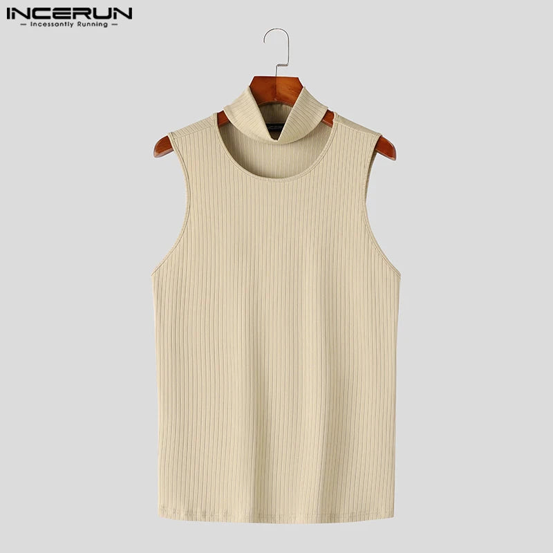 INCERUN Tops 2024 American Style New Men Knitted Semi High Neck Vests Summer Male  Streetwear Elastic Sleeveless Tank Tops S-5XL