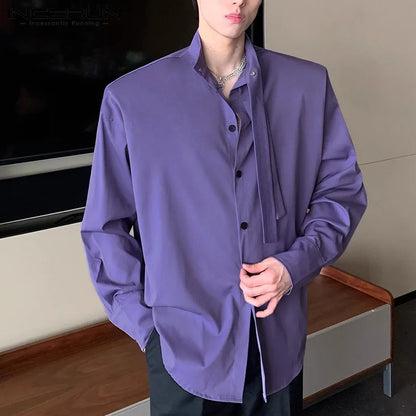 INCERUN Tops 2024 Korean Style New Men's Solid Bow Tie Design Blouse Casual Fashion Male Shoulder Pad Long Sleeved Shirts S-5XL