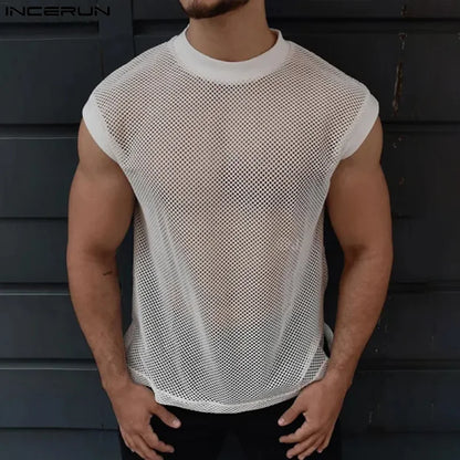 Party Nightclub Style Tops INCERUN Men's Perspective Hollow Mesh Vests Stylish Clubwear Hot Sale Thin Sleeveless Tank Tops S-5XL