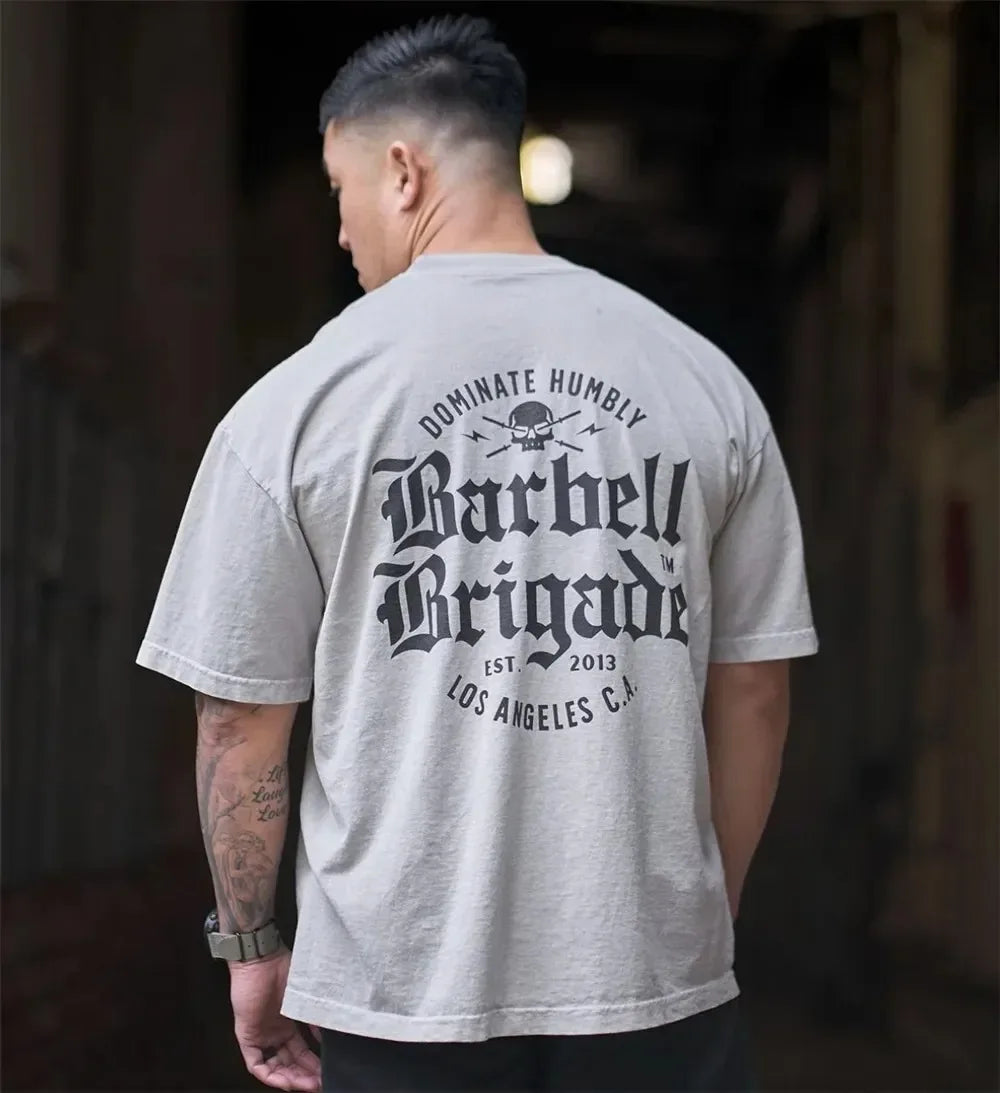 Barbell Brigade Cotton Gym T-shirt Men Summer Fitness Clothing O-Neck Short Sleeve Loose Tshirt Bodybuilding Workout Tee Tops