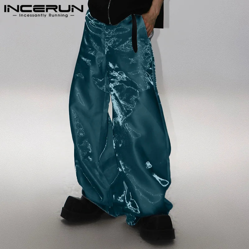 INCERUN 2024 Korean Style Pantalons Men Stylish Sparkling Fabric Design Long Pant Leisure Clubwear Hot Sale Solid Trousers S-5XL