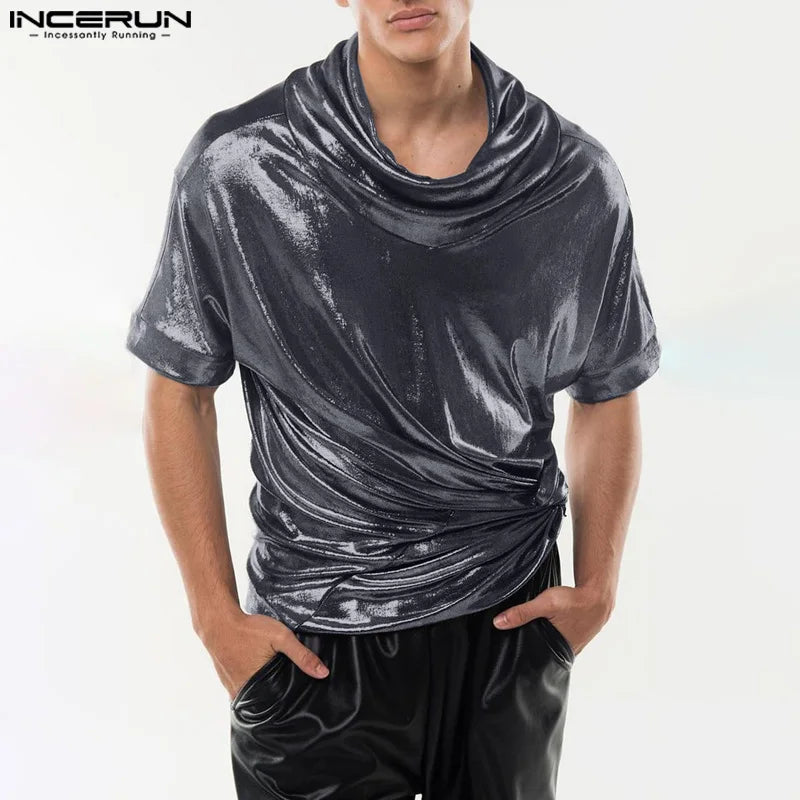 INCERUN Tops 2024 Casual New Men Pile Up Collar Flash Fabric T-shirts Stylish Male All-match Simple Short Sleeved Camiseta S-5XL