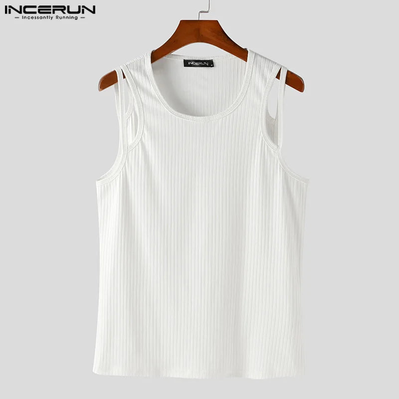 2023 männer Tank Tops Einfarbig Oansatz Ärmelloses Fitness Aushöhlen Westen Streetwear Fashion Casual Männer Kleidung S-5XL INCERUN