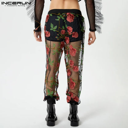 INCERUN 2024 Herrenpantalons im amerikanischen Stil, sexy, florales Netz, Perspektive, lange Hosen, stilvolle Streetwear, dünne Herrenhose, S-5XL